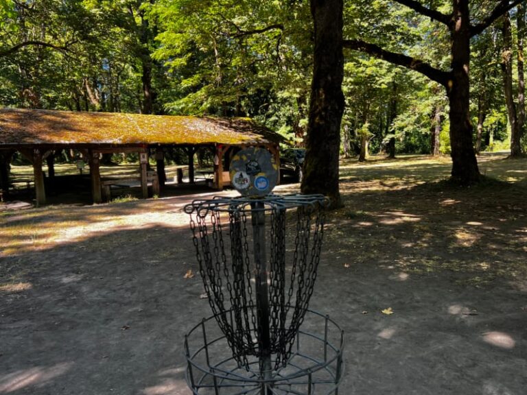 Basket and gathering area at Riverside Disc Golf. Course